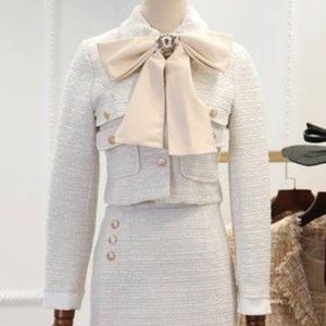 Designer Ivory Tweed  Suit with Bow Lots Details S